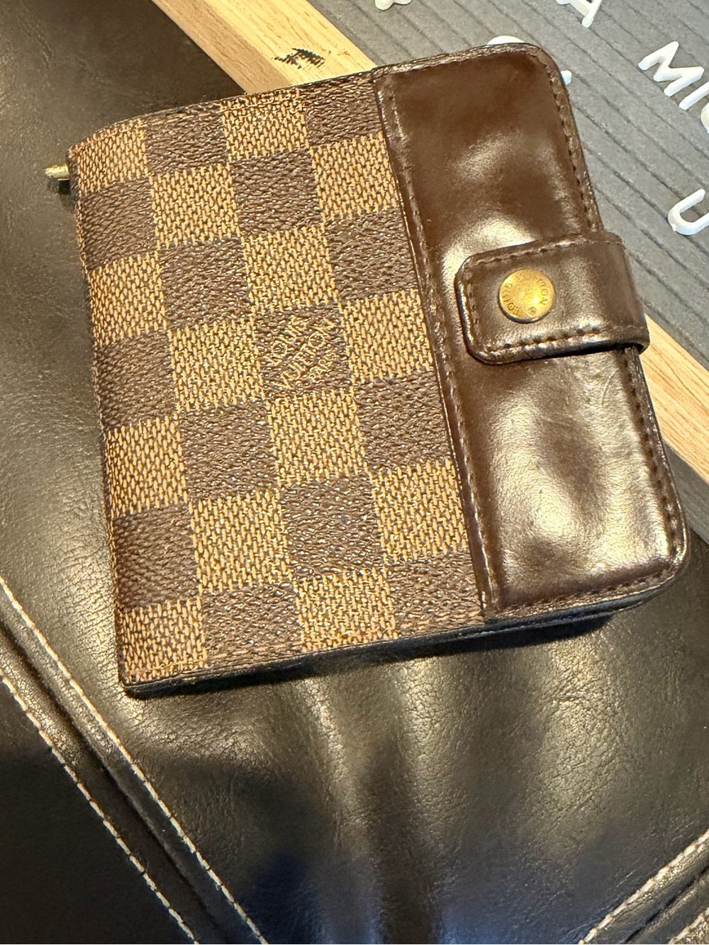 Damier Canvas Bifold Wallet with Dark Brown Leather Trim